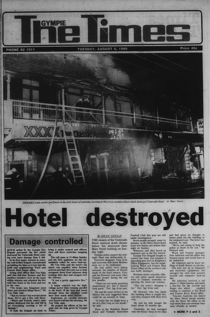 GT Tuesday, August 8, 1989 p.1 Hotel Destroyed