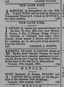Gympie Times, Wednesday, August 17, 1881 p.2 Notices of fire